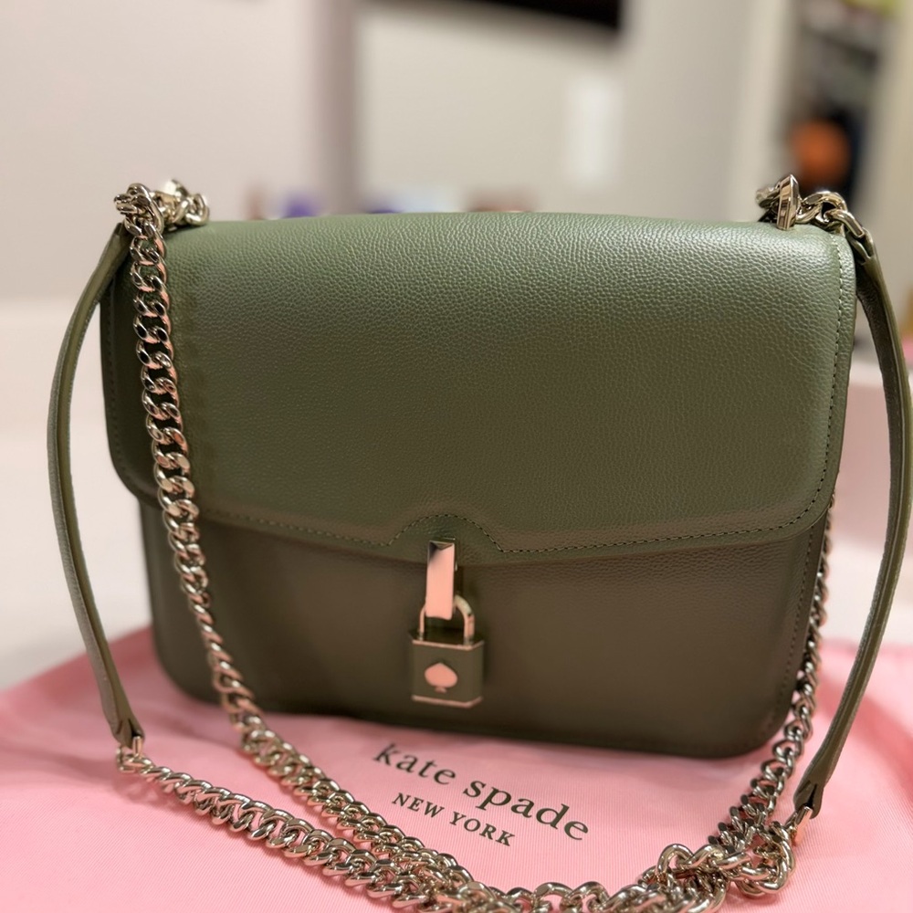 Kate Spade Olive Leather LOCKET LARGE FLAP SHOULDER BAG